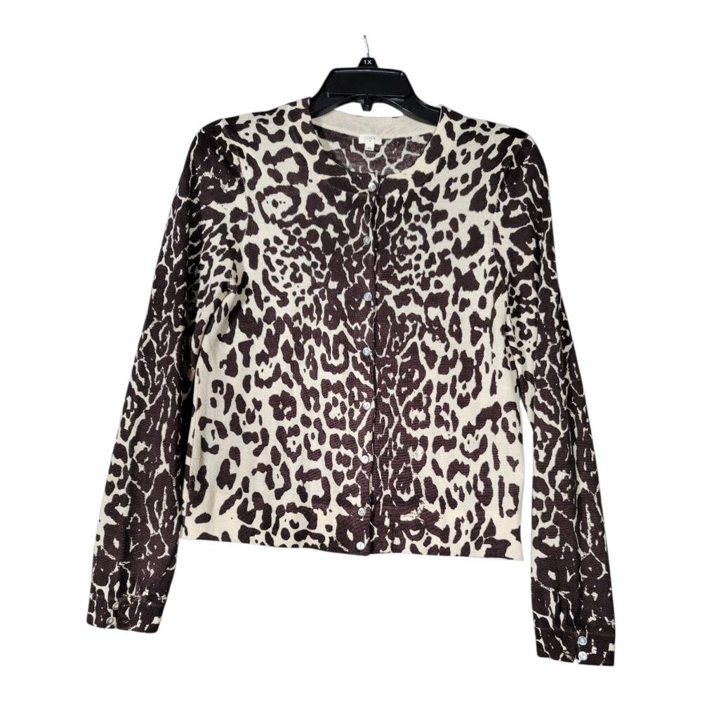 J.Crew Leopard Print Teddie‎ Wool Sweater Cardigan Button Front Long Sleeve Sz M